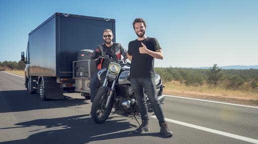 Generate an ultra-realistic and highly detailed image of a man smiling and raising one thumb up. The man is positioned approximately 20 meters from the tow truck, which is loading his motorcycle in the background, intentionally blurred to create depth. The setting is a remote and isolated road, with a clear landscape in the background. Pay meticulous attention to the lighting, shadows, and details of the scene to ensure a photographic quality, capturing the essence of a roadside motorcycle breakdown and recovery moment. --ar 16:9 --s 50