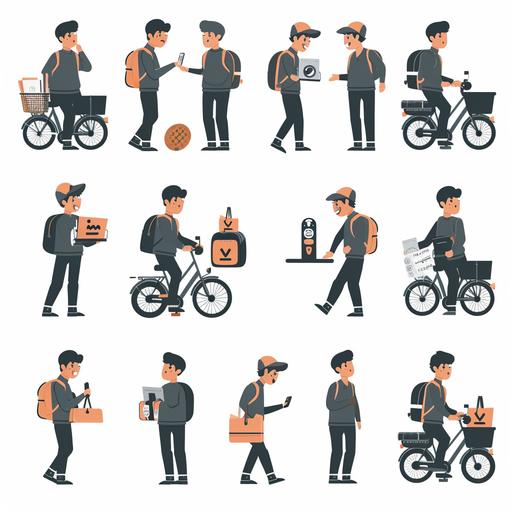 Generate me a flat icon illustrated storyboard, of 12 scenes. Scene 1 scene: a young food delivery rider is exhausted, his uniform is creased. Scene 2: young rider searches the phone for new job offers. Third scene: on the street, young rider sees other young rider happy, with new cargo bike and perfect uniform. Scene four: young rider searches on smartphone for company the happy young rider works for. Scene five: young rider makes online application for the happy young rider's company. Scene six: young rider receives work equipment. Scene 7: young rider tries on new uniform and cargo bike. Scene eight: young rider receives first job notification on smartphone, will only make three deliveries per hour. Scene nine: young rider happily delivers his first order. Scene ten: young rider receives his first paycheck. Scene eleven: young rider is sick and receives sick leave from work. Twelfth scene: happy young rider books vacation. --v 6.0