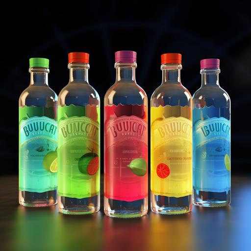 , , Generate unique bottle designs for the Juicy rum brand, which offers seven exciting flavors: Sour Apple, Blue Raspberry, Lemon, Grape, Orange, Cherry, and Green Apple. The bottles should be 16oz in size with a screw top, reflecting a convenient and 