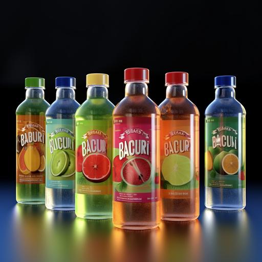 , , Generate unique bottle designs for the Juicy rum brand, which offers seven exciting flavors: Sour Apple, Blue Raspberry, Lemon, Grape, Orange, Cherry, and Green Apple. The bottles should be 16oz in size with a screw top, reflecting a convenient and 