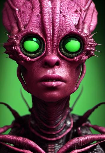 green colors cockroach woman, grotesque detail, black shiny eyes, eldritch horror, extremely detailed, 16k, 8k, octane render, using pink as the main color, vintage sci-fi art, Wayne Barlow, H.R. Giger, Lovecraftian, cg, blender, 3D portrait, 3D render, trending on Instagram, ambient occlusion, colorful volumetric lighting, cinematic lighting