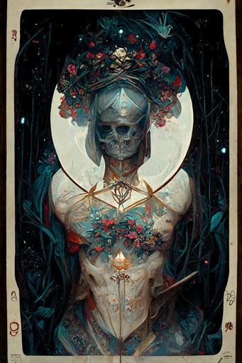 Geometric mother of death    Xenon Gases   magical   symmetrical   symmetry   bright blue vines   detailed intricate ink illustration   symbols of death   tarot card   dark atmosphere   by Peter Mohrbacher   dark navy ink   silver flowers   red flowers   neon flowers complementing colors::5 the lover tarot card, fairytale, älvdansen, y2k art, millenial fashion, photorealistic, pastel pop, style of Ferdinand Knab and Alphonse Mucha::2 emperor tarot, celestial, dark, in Goya style, Renaissance, highly detailed, symmetrical composition, rule of thirds, style marc simonetti, dragonfly in space ::1.5  ::0.75 tarot card depicting The geometric goddess of Death  behind a set of scales with a realistic heart on the left side and a feather on the right side on a background of twilight underworld, Elegant, Painted By Anne Stokest and Alphonse Mucha and Jungi Ito, Euphoric, stained glass, Backlighting by steven belledin::0.7 emperor tarot, celestial, in Goya style, renaissance, highly detailed, border style of peter mohrbacher::1   full body tarot card portrait of undead henry cavill::2 elf ears, cocky smile, long white hair, huge greatsword, mysterious symbol on chest, broad shoulders::1 beefcake::2 muscular, casual pose, bisexual energy, knight::1 form-fitting light metal armor::1.5 reflection of mysterious female wood elf::1 celadon accents, intricate frame, divine energy::2 Cary Elwes, Josh Holloway, Mads Mikkelsen, Hannah Friederichs, Sailor Jerry, Eli Quinters, art nouveau, steampunk, Eberron, American traditional tattoo style, ethereal visions tarot, lithograph, tattoo flash, soft color palette, octane render, hyper-realism, 8K --s 5000  --ar 10:16 --quality 2 --chaos 50