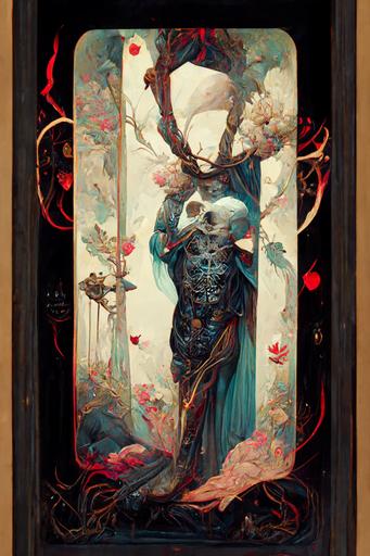 Geometric mother of death   Xenon Gases   magical   symmetrical   symmetry   bright blue vines   detailed intricate ink illustration   symbols of death   tarot card   dark atmosphere   by Peter Mohrbacher   dark navy ink   silver flowers   red flowers   neon flowers complementing colors::5 the lover tarot card, fairytale, älvdansen, y2k art, millenial fashion, photorealistic, pastel pop, style of Ferdinand Knab and Alphonse Mucha::2 emperor tarot, celestial, dark, in Goya style, Renaissance, highly detailed, symmetrical composition, rule of thirds, style marc simonetti, dragonfly in space ::1.5 ::0.75 tarot card depicting The geometric goddess of Death behind a set of scales with a realistic heart on the left side and a feather on the right side on a background of twilight underworld, Elegant, Painted By Anne Stokest and Alphonse Mucha and Jungi Ito, Euphoric, stained glass, Backlighting by steven belledin::0.7 emperor tarot, celestial, in Goya style, renaissance, highly detailed, border style of peter mohrbacher::1 full body tarot card portrait of undead henry cavill::2 elf ears, cocky smile, long white hair, huge greatsword, mysterious symbol on chest, broad shoulders::1 beefcake::2 muscular, casual pose, bisexual energy, knight::1 form-fitting light metal armor::1.5 reflection of mysterious female wood elf::1 celadon accents, intricate frame, divine energy::2 Cary Elwes, Josh Holloway, Mads Mikkelsen, Hannah Friederichs, Sailor Jerry, Eli Quinters, art nouveau, steampunk, Eberron, American traditional tattoo style, ethereal visions tarot, lithograph, tattoo flash, soft color palette, octane render, hyper-realism, 8K --s 5000 --ar 10:16 --quality 2 --chaos 50