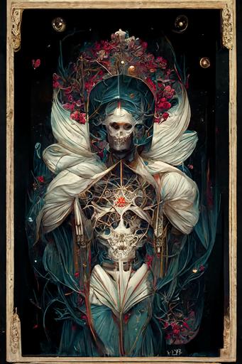 Geometric mother of death   Xenon Gases   magical   symmetrical   symmetry   bright blue vines   detailed intricate ink illustration   symbols of death   tarot card   dark atmosphere   by Peter Mohrbacher   dark navy ink   silver flowers   red flowers   neon flowers complementing colors::5 the lover tarot card, fairytale, älvdansen, y2k art, millenial fashion, photorealistic, pastel pop, style of Ferdinand Knab and Alphonse Mucha::2 emperor tarot, celestial, dark, in Goya style, Renaissance, highly detailed, symmetrical composition, rule of thirds, style marc simonetti, dragonfly in space ::1.5 ::0.75 tarot card depicting The geometric goddess of Death behind a set of scales with a realistic heart on the left side and a feather on the right side on a background of twilight underworld, Elegant, Painted By Anne Stokest and Alphonse Mucha and Jungi Ito, Euphoric, stained glass, Backlighting by steven belledin::0.7 emperor tarot, celestial, in Goya style, renaissance, highly detailed, border style of peter mohrbacher::1 full body tarot card portrait of undead henry cavill::2 elf ears, cocky smile, long white hair, huge greatsword, mysterious symbol on chest, broad shoulders::1 beefcake::2 muscular, casual pose, bisexual energy, knight::1 form-fitting light metal armor::1.5 reflection of mysterious female wood elf::1 celadon accents, intricate frame, divine energy::2 Cary Elwes, Josh Holloway, Mads Mikkelsen, Hannah Friederichs, Sailor Jerry, Eli Quinters, art nouveau, steampunk, Eberron, American traditional tattoo style, ethereal visions tarot, lithograph, tattoo flash, soft color palette, octane render, hyper-realism, 8K --s 5000 --ar 10:16 --quality 2 --chaos 50