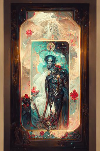Geometric mother of death    Xenon Gases   magical   symmetrical   symmetry   bright blue vines   detailed intricate ink illustration   symbols of death   tarot card   dark atmosphere   by Peter Mohrbacher   dark navy ink   silver flowers   red flowers   neon flowers complementing colors::5 the lover tarot card, fairytale, älvdansen, y2k art, millenial fashion, photorealistic, pastel pop, style of Ferdinand Knab and Alphonse Mucha::2 emperor tarot, celestial, dark, in Goya style, Renaissance, highly detailed, symmetrical composition, rule of thirds, style marc simonetti, dragonfly in space ::1.5  ::0.75 tarot card depicting The geometric goddess of Death  behind a set of scales with a realistic heart on the left side and a feather on the right side on a background of twilight underworld, Elegant, Painted By Anne Stokest and Alphonse Mucha and Jungi Ito, Euphoric, stained glass, Backlighting by steven belledin::0.7 emperor tarot, celestial, in Goya style, renaissance, highly detailed, border style of peter mohrbacher::1   full body tarot card portrait of undead henry cavill::2 elf ears, cocky smile, long white hair, huge greatsword, mysterious symbol on chest, broad shoulders::1 beefcake::2 muscular, casual pose, bisexual energy, knight::1 form-fitting light metal armor::1.5 reflection of mysterious female wood elf::1 celadon accents, intricate frame, divine energy::2 Cary Elwes, Josh Holloway, Mads Mikkelsen, Hannah Friederichs, Sailor Jerry, Eli Quinters, art nouveau, steampunk, Eberron, American traditional tattoo style, ethereal visions tarot, lithograph, tattoo flash, soft color palette, octane render, hyper-realism, 8K --s 5000  --ar 10:16 --quality 2 --chaos 50