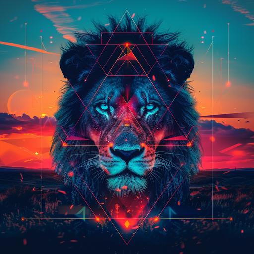 Geometric shapes, Lots of colours, lion's head, against a sunset on the African savannah, piercing blue eyes, 8K, dendrobium
