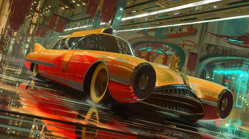 George Barris-style customised car, in the underground part of Sead Mead's retro-futuristic city. art by mierAI --ar 16:9 --v 6.0