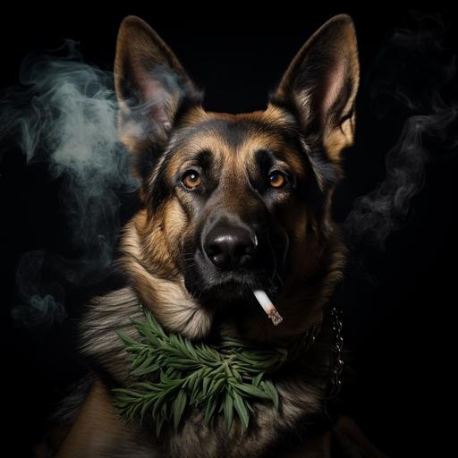 German Shepherd dog smoking weed