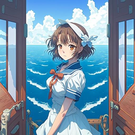 Ghibli-style anime character, Haruhi Suzumiya, wearing a blue and white sailor suit, high-quality face, the sea is behind, there are countless doors on the sea, western classical fancy doors, master work, manga syle, masterpiece, art station