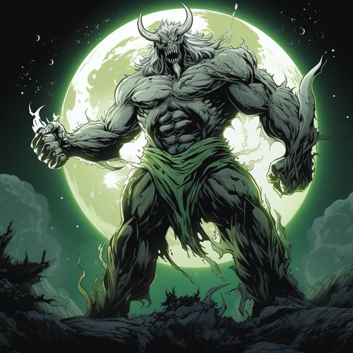 Giant Hulking ghost demon standing in front of a haunting night sky. the moon is visible. he is standing in a menacing pose with his right hand is in a claw pose. he is made of Green Fire. he has horns, stone bracers on his arms, demon wings and hooved feet. he has glowing white eyes and a bright white core visible on his chest. his chest up to his face is darkened, illuminated by his glowing eyes and mouth. Cartoon Art.
