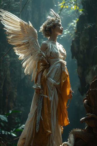 Giant Indonesian specter, beautiful albino goddess with iridescent wings spread, golden robe, eagle's feet, snake tail, holding silver sword, shot with standard lens, Sony Alpha 7R 50mm F1.2 8k --ar 2:3 --v 6.0 --style raw --s 750