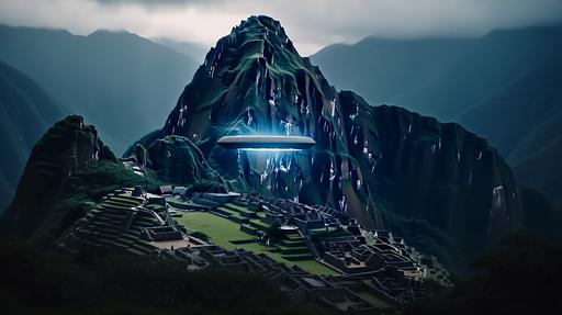 Giant UFO hovering over Machu Picchu, cinematic, nighttime, sci-fi, lens flare, blue beam of light, wide shot, rack focus, film grain, mist, rainfall, thunderstorm --ar 16:9 --s 750 --v 5.0