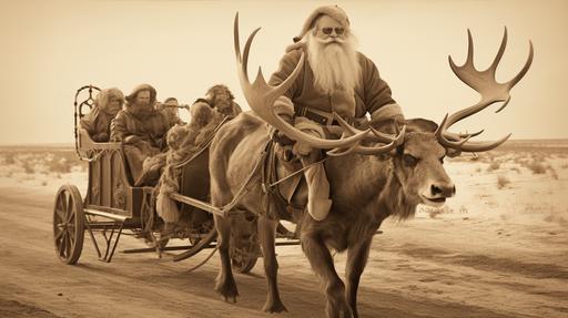 Giant angry santa claus with sleigh and reindeer , Kandahar circa 1923, sepia tones --ar 16:9 --style raw