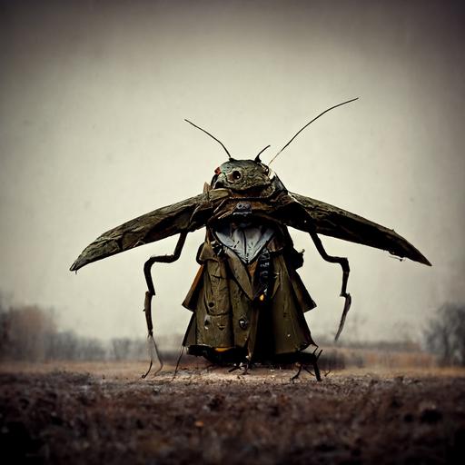 Giant bug locust wearing a trenchcoat. Hyper realistic