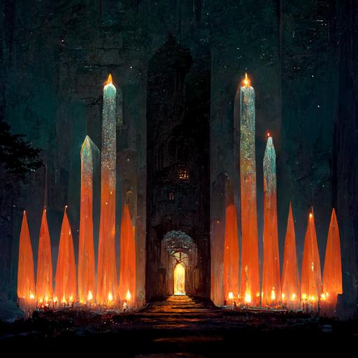 Giant candles at the gate of a diamond castle