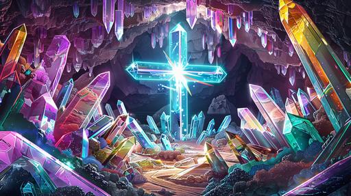 Giant crystal cave made of jewels vibrating at divine frequencies, glowing cross symbol in the middle  --ar 16:9