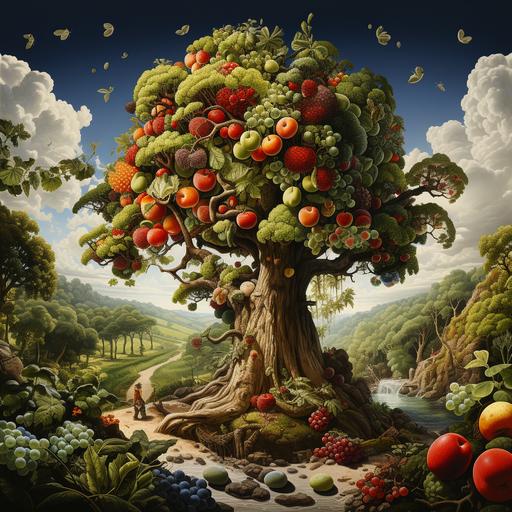 Giant tree bearing fruit, the largest among the woodland::4 Fruit-bearing season for the largest tree amidst the forest::3 Majestic tree with fruits, standing as the largest in the woods::2 Harvest time, the largest tree adorned with abundant fruits::1 --s 250