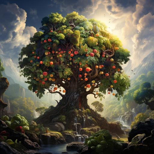 Giant tree bearing fruit, the largest among the woodland::4 Fruit-bearing season for the largest tree amidst the forest::3 Majestic tree with fruits, standing as the largest in the woods::2 Harvest time, the largest tree adorned with abundant fruits::1 --s 250