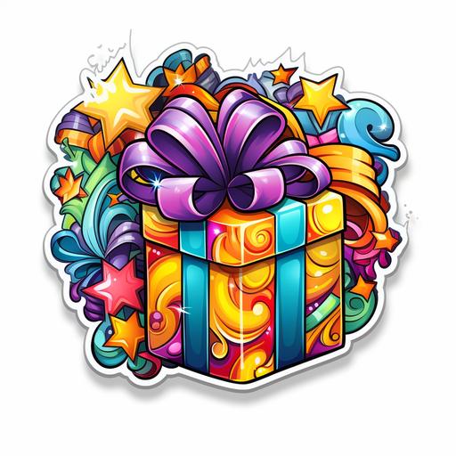 Gift-Wrapping Fun, Chistmas Sticker, Happy, Sparkly Colors, Graffiti, Contour, Vector, White Background, Detailed