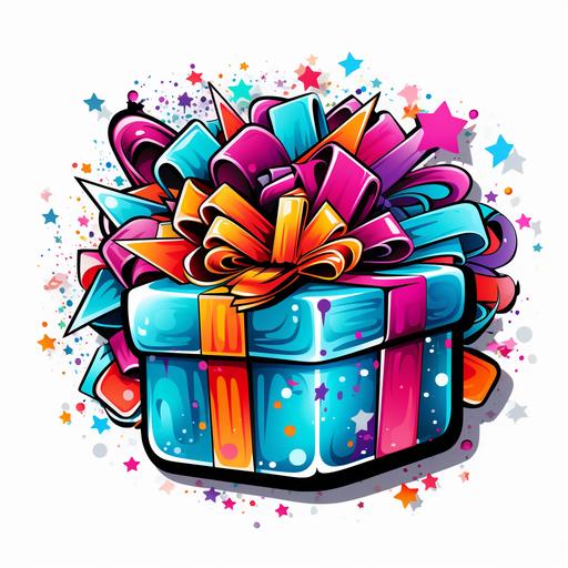 Gift-Wrapping Fun, Chistmas Sticker, Happy, Sparkly Colors, Graffiti, Contour, Vector, White Background, Detailed