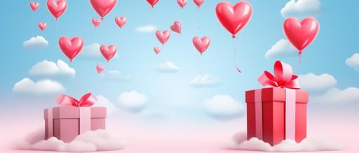 Gift box with heart balloon floating it the sky, Happy Valentine's Day banners, paper art style --ar 21:9