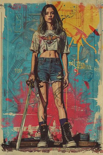 Gig posters, art prints, graphic print, screenprint. A 1990’s grunge girl standing with a sword in one hand wearing a grunge band t-shirt and old trainers. Alternative, indie, medieval grunge, grunge aesthetic. Trippy, Psychedelic. Print in the style of Grateful Dead, Rhys Cooper, intricate details, sharp, hyperdetailed, --ar 2:3 --s 250 --v 6.0