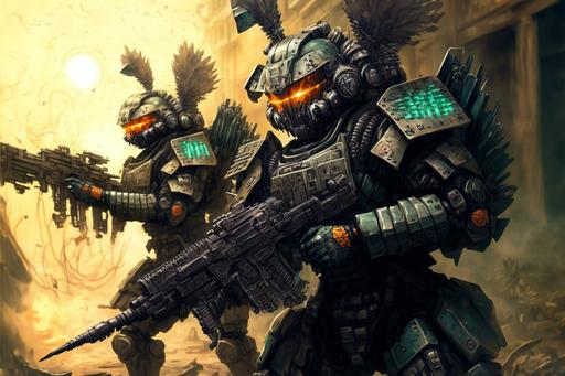 GigaSeraph Corporate Secutiry wearing lamellar plate feathered armor bulky powered majestic assault rifles storm a Den of Iniquity --ar 3:2 --v 4