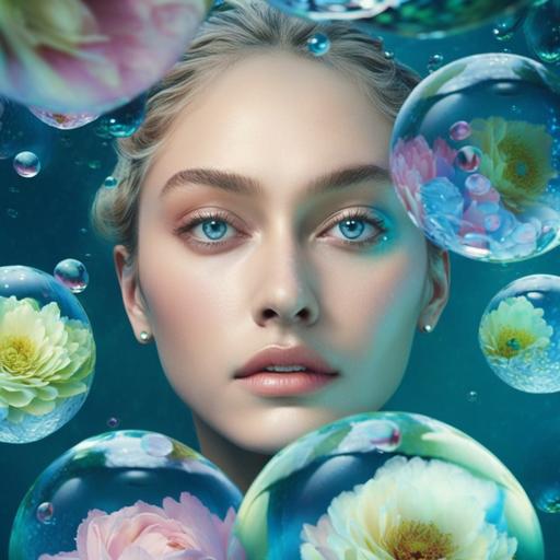 Gigi hadid, Girl face with big eyes, rosey cheeks, pale skin, green eyes , small nose and amphibious forheead in a sky blue glass ball with exotic flowers, and water background , high fashion beauty photographic quality