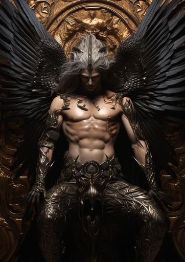 Gilgamesh as the cause of the end of the world with hyper realistic demonic wings, grand art deco, dark, hyper realism, highly detailed, high contrast --ar 69:97 --v 5.2