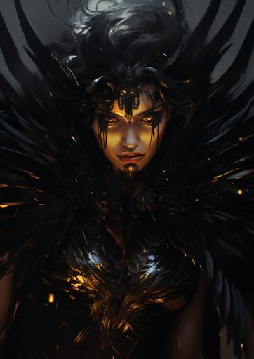 Gilgamesh as weak, innocent gorgeous women:: glowing amber eyes:: demonic black wing:: morgue as background, hyper realism, highly detailed, dark ambient, high contrast --ar 69:97 --v 5.2