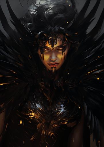 Gilgamesh as weak, innocent gorgeous women:: glowing amber eyes:: demonic black wing:: morgue as background, hyper realism, highly detailed, dark ambient, high contrast --ar 69:97 --v 5.2