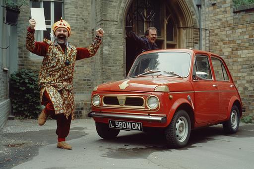 Gilgamesh is wearing full historical regalia. Gilgamesh is jumping up and down with joy, holding a piece of paper. in his hand. He's just passed his driving test. Behind him is his middle aged driving instructor who ha a moustache, the driving instructor is stood next to a small red car with learner 'L' plates on. The year is 1972. This is an analog film photograph. --ar 3:2 --style raw --s 150 --v 6.0