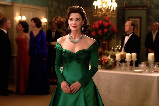 'Gilmore girls' of female character Emily Gilmore wears a floor-length gown in a rich emerald green silk satin fabric, featuring a fitted bodice with a sweetheart neckline and a voluminous skirt. Emily pairs the gown with emerald green satin gloves, a statement emerald and diamond necklace, and matching drop earrings. Her hair is styled in a classic updo, and she carries a jeweled clutch, exuding sophistication and grace, fashion movie scene, Dior commercial --ar 3:2 --v 5 --v 5 --q 2