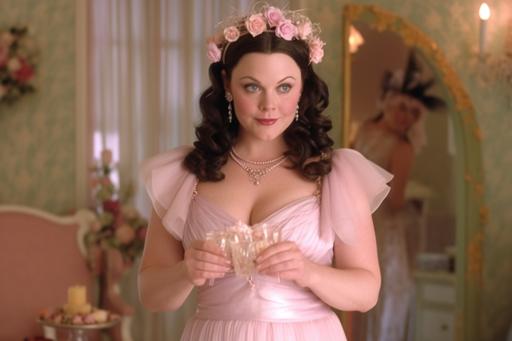 'Gilmore girls' of female character Sookie St. James wears a playful knee-length dress in a soft pastel pink tulle fabric. Sookie wears a pair of pink satin ballet flats with ribbon ties, and her hair is styled in loose curls with a floral crown perched on her head. She carries a beaded handbag shaped like a cupcake, fashion movie scene, Dior commercial --ar 3:2 --v 5 --v 5 --q 2