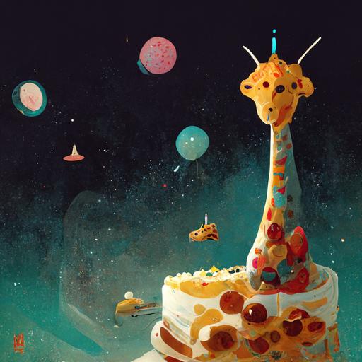 Giraffe eating birthday cake in space ship