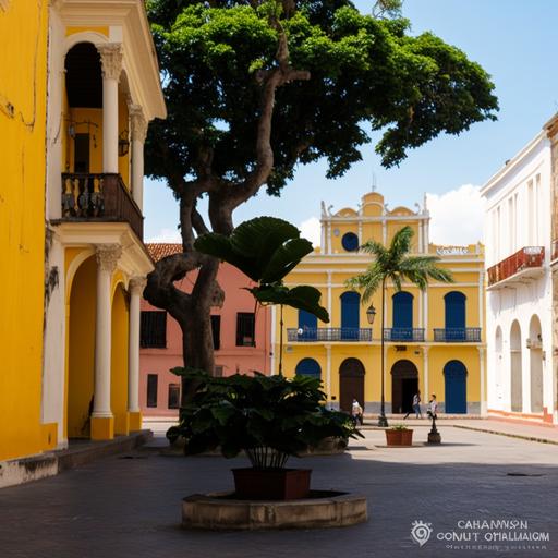 a plaza colonial with a colonial cathedral in the upper middle of the image and around the plaza 3 houses on each side latin American style with walls in blue, orange, pink and yellow the plaza has ficus tree and wild cashew tree and Guacamayo inspired by cartagena de india historic center, by Casco Antiguo in Panama City, by old Havana and by French quarter New Orleans, in the style of hieronymus bosch garden of earthly delights
