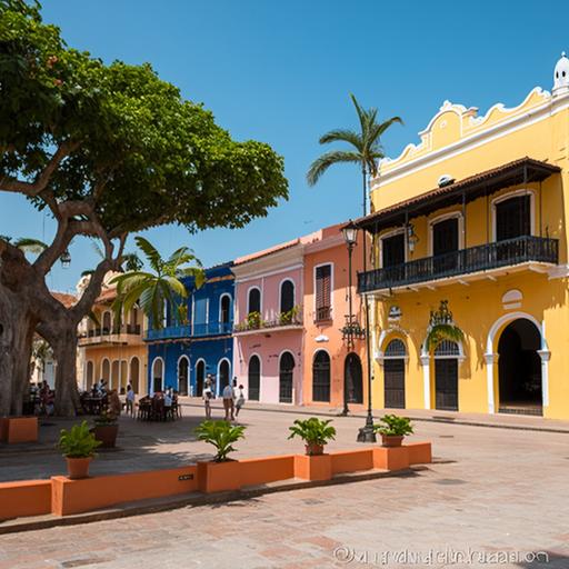 a plaza colonial with a colonial cathedral in the upper middle of the image and around the plaza 3 houses on each side latin American style with walls in blue, orange, pink and yellow the plaza has ficus tree and wild cashew tree and Guacamayo inspired by cartagena de india historic center, by Casco Antiguo in Panama City, by old Havana and by French quarter New Orleans, in the style of hieronymus bosch garden of earthly delights