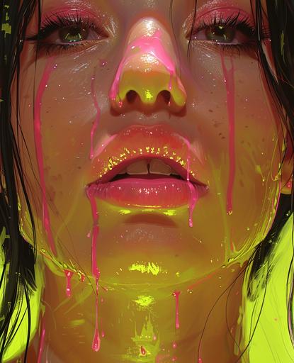 Girl danicng in a night club reddish lips and messy pink and acid green kawaii eyelashes, in the style of anime aesthetic, open mouth with melting pink honey, hiroshi katsuragawa, dripping paint, carrie graber, hauntingly beautiful illustrations, grim realism, eye-catching detail --ar 13:16 --stylize 750