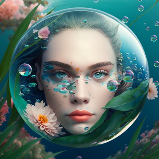 Girl face with big eyes, rosey cheeks, pale skin, green eyes , small nose and amphibious forheead in a sky blue glass ball with exotic aquatic flowers and plants, blue water background , high fashion, beauty photographic quality