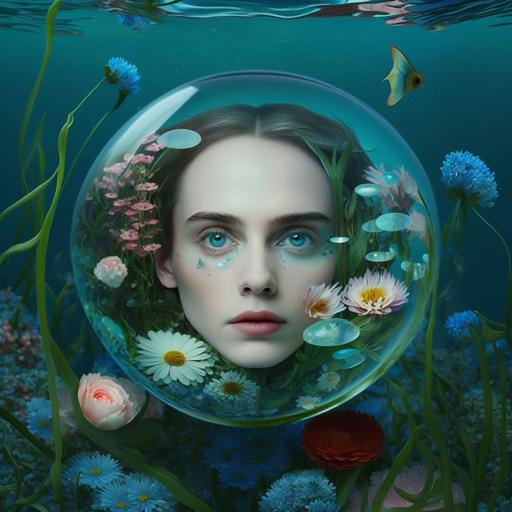 Girl face with big eyes, rosey cheeks, pale skin, green eyes , small nose and amphibious forheead in a sky blue glass ball with exotic aquatic flowers and plants, blue water background , high fashion, beauty photographic quality