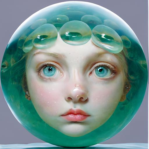 Girl face with big eyes, rosey cheeks, pale skin, green eyes and amphibious features in a sky blue glass ball