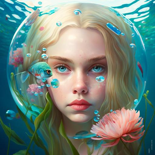 Girl face with big eyes, rosey cheeks, pink lips, pale skin, green eyes , blonde slick hair , small nose and amphibious forehead, mermaid , in a sky blue glass ball with exotic aquatic flowers , aquatic plants, corals, blue water background , high fashion, beauty photographic quality - hyperrealistic