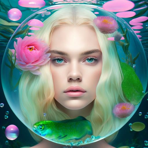 Girl face with big eyes, rosey cheeks, pink lips, pale skin, green eyes , blonde slick hair , small nose and amphibious forehead, mermaid , in a sky blue glass ball with exotic aquatic flowers , aquatic plants, corals, blue water background , high fashion, beauty photographic quality - hyperrealistic