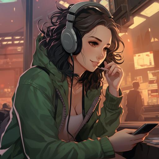 Girl in mid 30s, brown hair, green eyes, wearing headphones and looking at her phone, smiling, whilst sat on a bench in a cyberpunk city, appalachian vaporwave, anime style