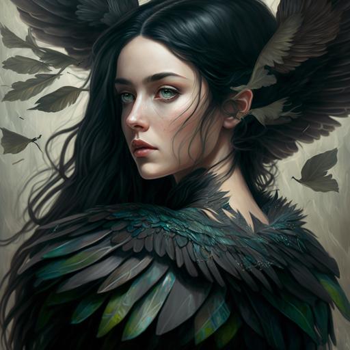 Girl wearing a black feather caplet cowl up to neck, long flowing black iridescent hair behind her, forest green eyes, she has black bird wings on her back stretched out, fairy, D&D context, ultra realistic and insane illustration, full of details, retailed, bright cinematic light, natural shadows and reflections, low-contrast, many shades of each color, Artstation, 4k