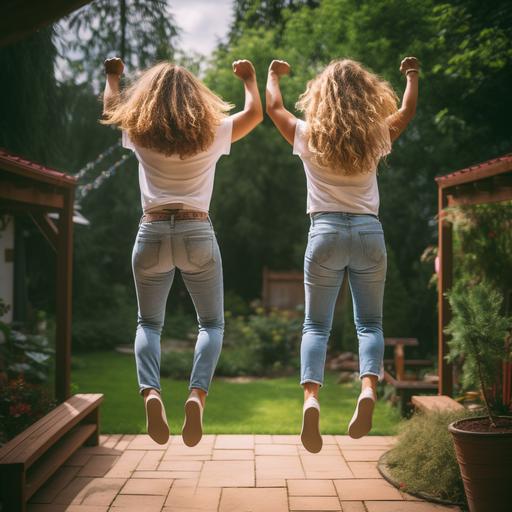 Girls in jeans, jumping jacks, back view. Both legs stretched out to the left and right, big jump. --style raw