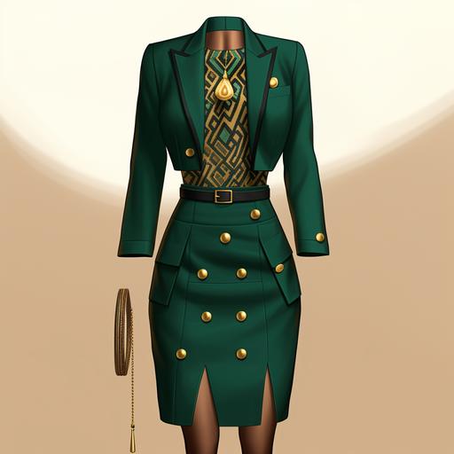 Give me a fashion illustration of a modern tailored Afrocentric blazer and skirt set, using African mudcloth motifs, with vintage gold buttons, in a rich emerald green color and solid color matching midi pencil skirt with a defined waistline and back split.