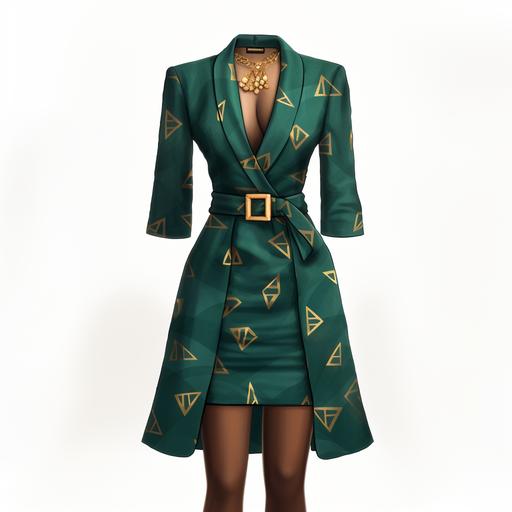 Give me a fashion illustration of a modern tailored Afrocentric blazer and skirt set, using African mudcloth motifs, with vintage gold buttons, in a rich emerald green color and solid color matching midi pencil skirt with a defined waistline and back split.
