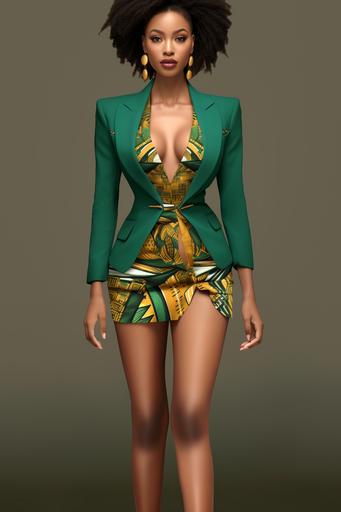 Give me a fashion illustration of a tailored Afrocentric blazer set, using an ethnical African pattern for the blazer, with vintage gold buttons, a plunging neckline, in a rich emerald green color, made from recycled polyester material or fabric and solid color matching midi pencil skirt with a defined waist and back split.
