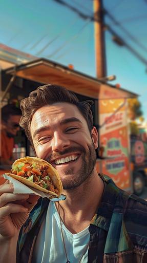 Give me a photo-realistic selfie-style image of a fit 30s male, happy while eating a taco from a food truck i the background. --ar 9:16